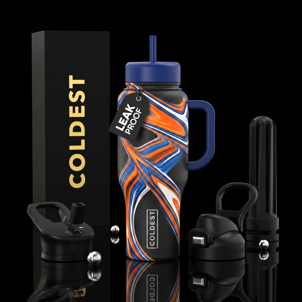 Orange, blue and white water bottle design
