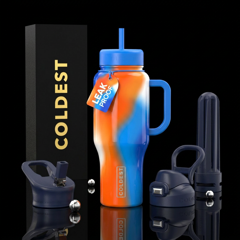 Orange, blue and white water bottle design