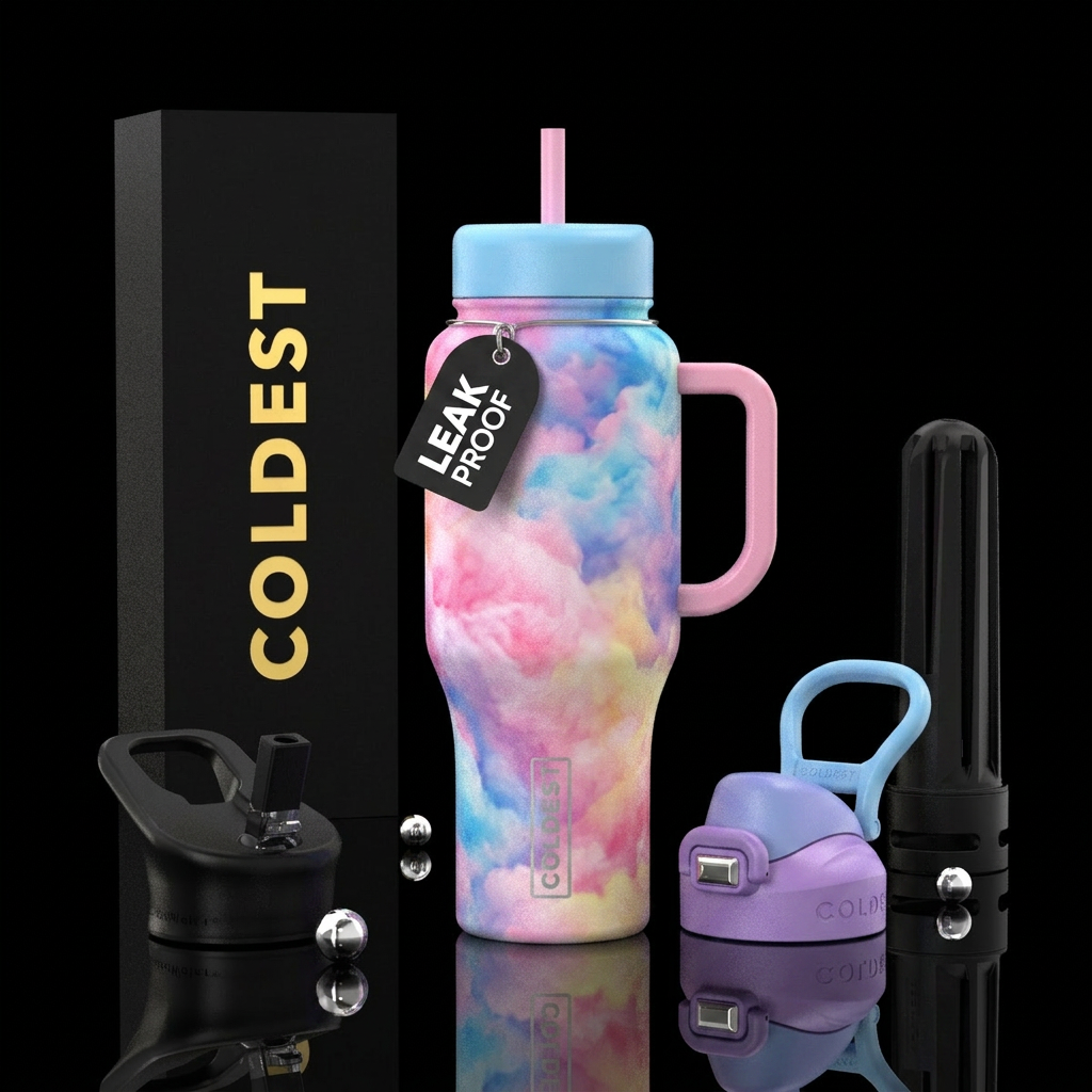 cotton candy clouds water bottle design