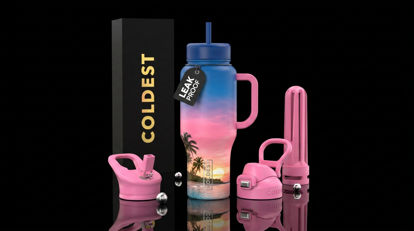 island sunset with blue and pink sky water bottle design