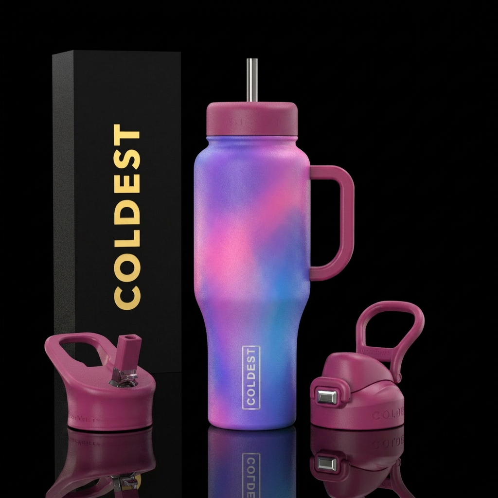 Purple, pink and blue water bottle design