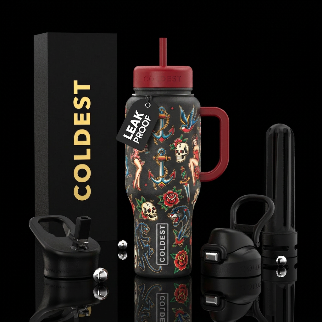 retro tatttos water bottle design