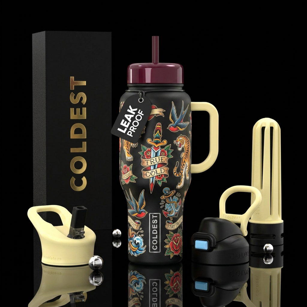 retro tatttos water bottle design