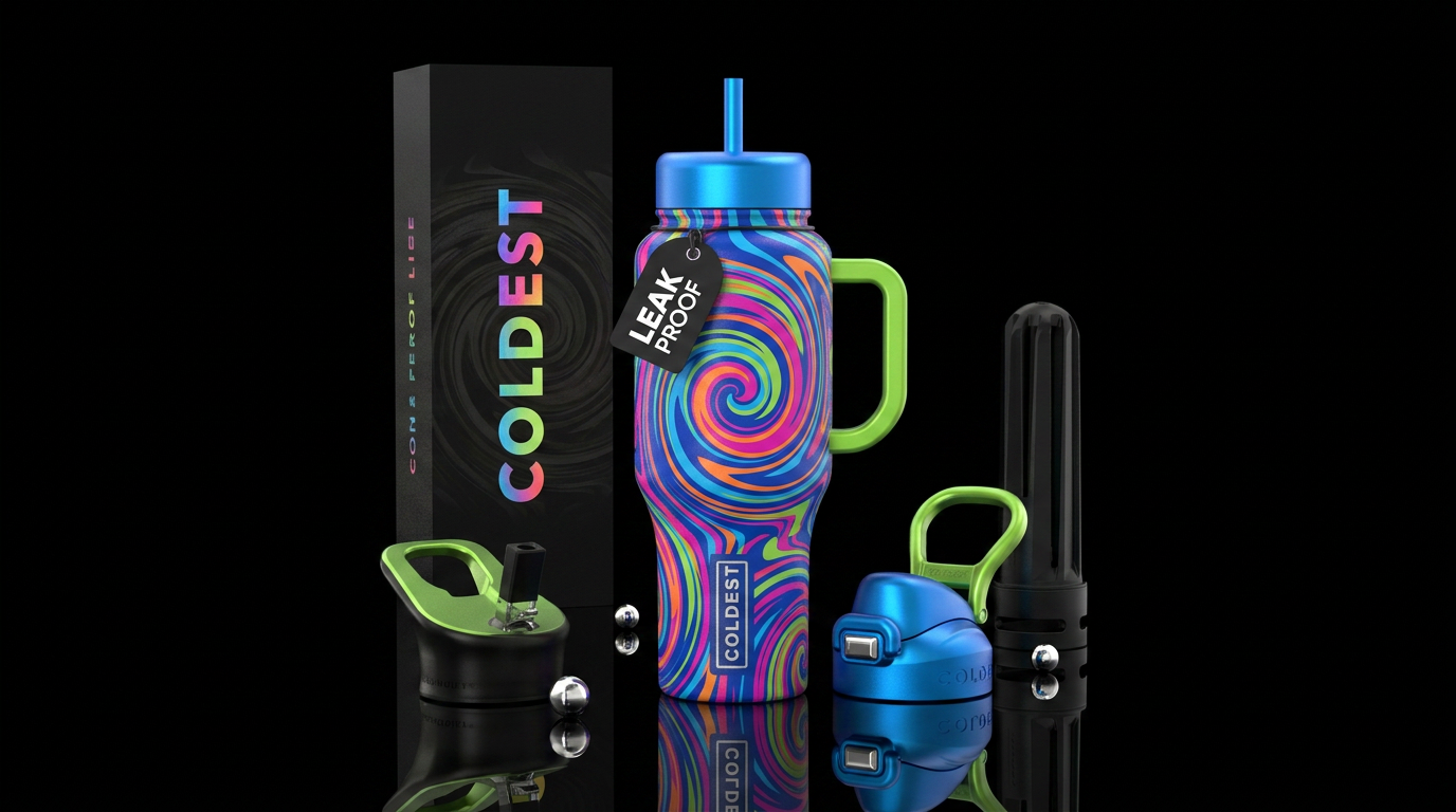 vibrant, happy mood, swirls, spirals, abstract water bottle design