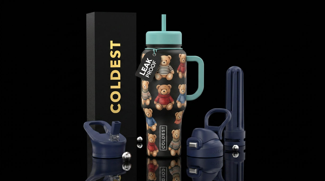 cartoon teddy bears with sweaters on water bottle design