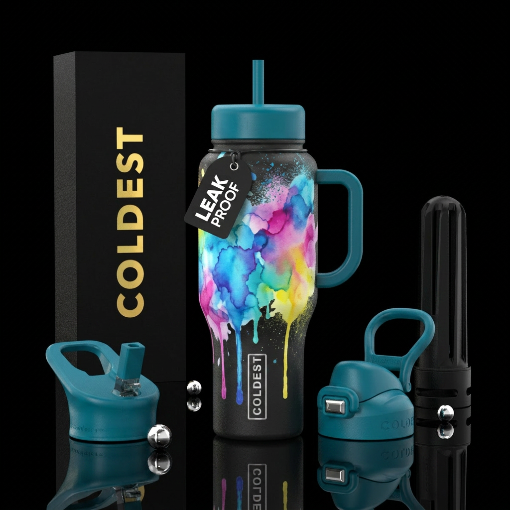 watercolor, spray painted, dripping, inbued water bottle design
