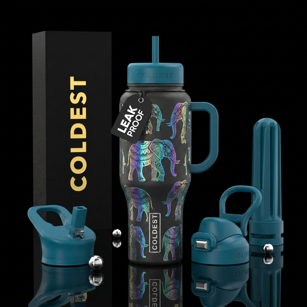 irridescent elephants water bottle design