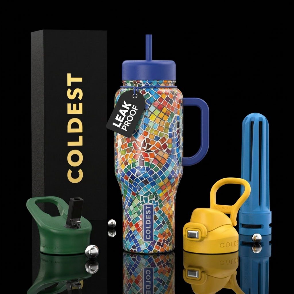colorful mosaic tiles water bottle design