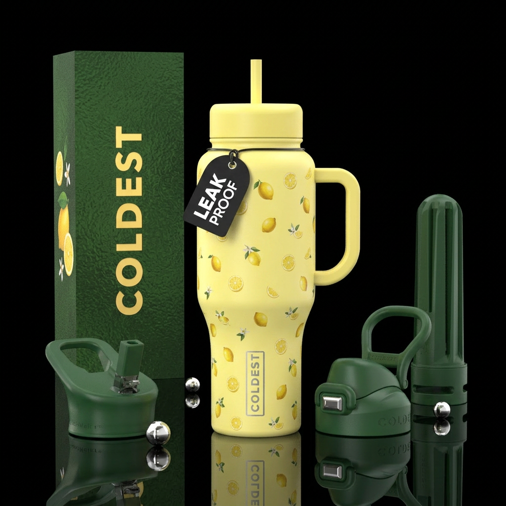 pale yellow bottle with little lemons water bottle design