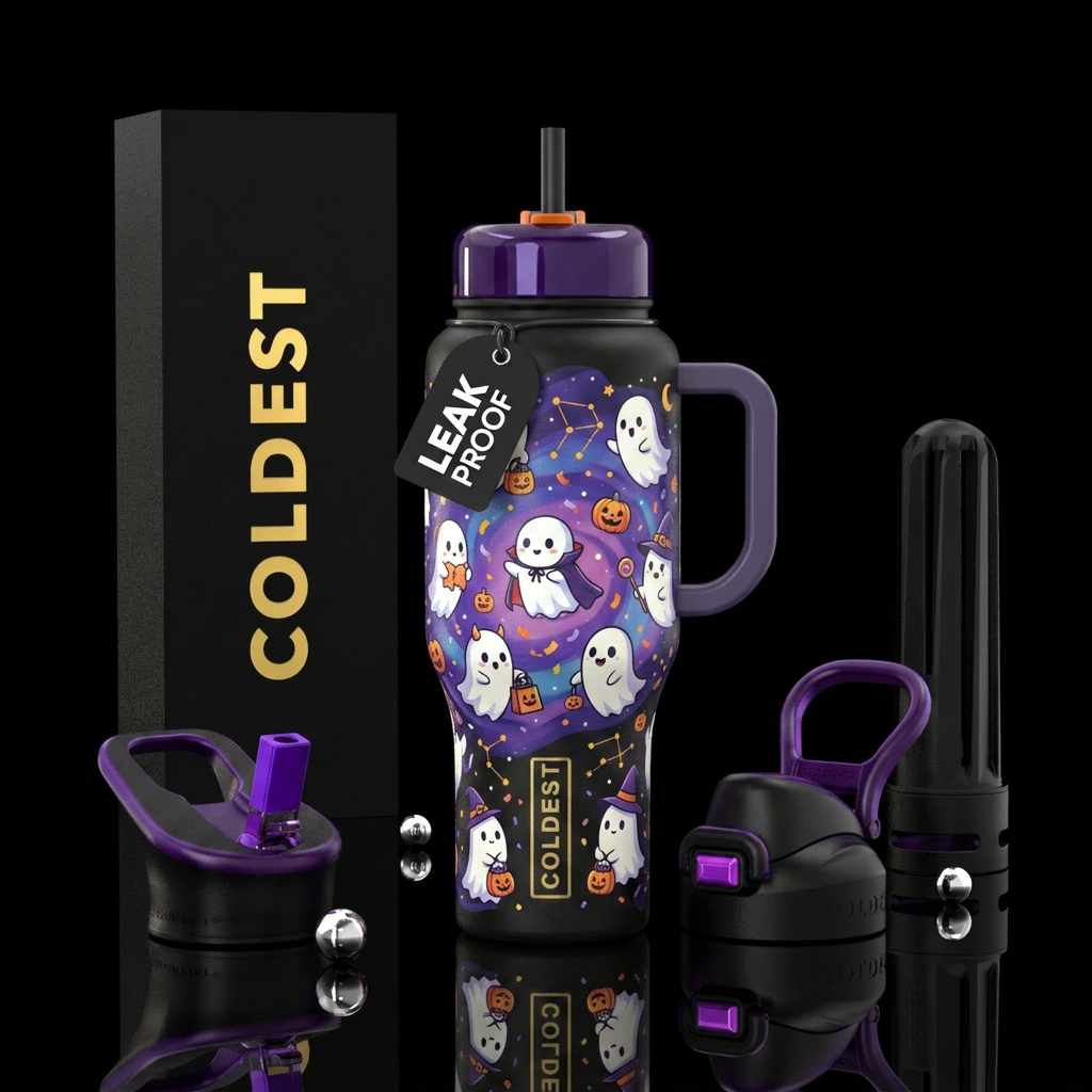 cute little ghosts trick-or-treating water bottle design