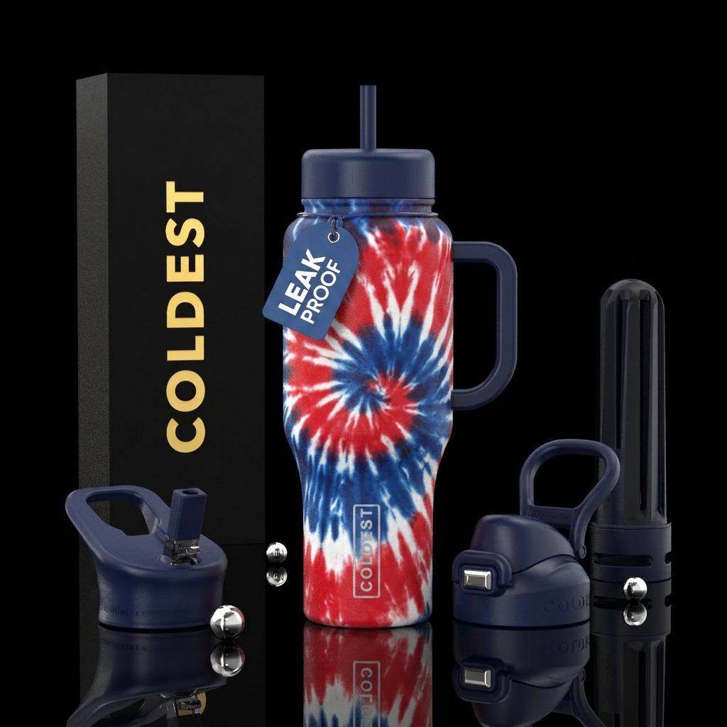 red, white and blue tie dye splatter water bottle design