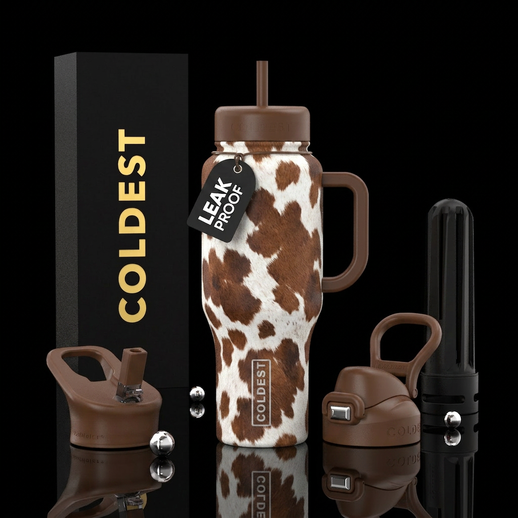 Brown and white cow print water bottle design