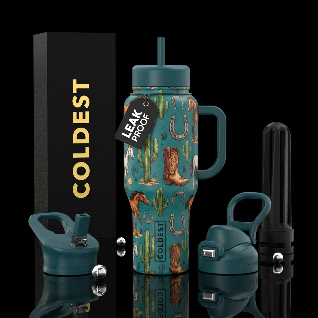 horseshoes, cowboy boots, catcus and horses all ov... water bottle design