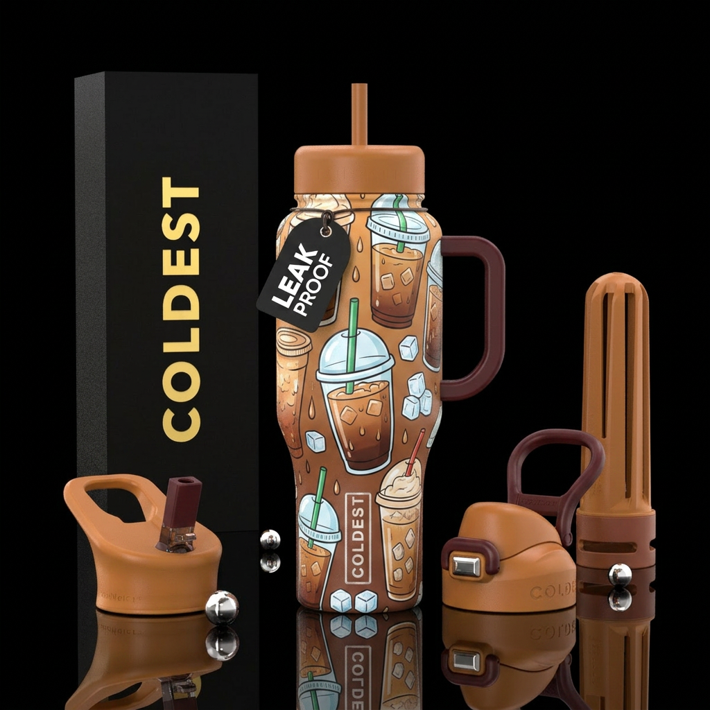 cartoon-like iced coffee in to-go cups water bottle design
