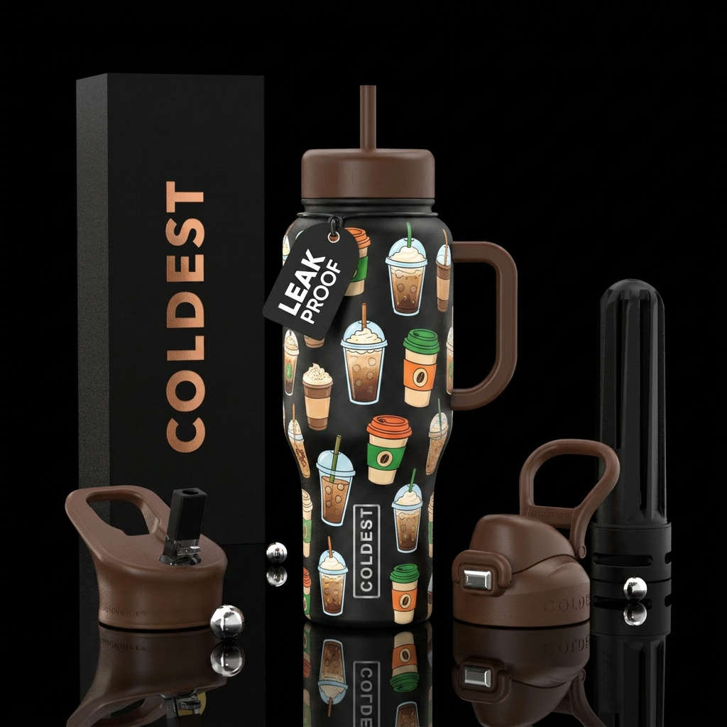 cartoon-like iced coffee in to-go cups water bottle design