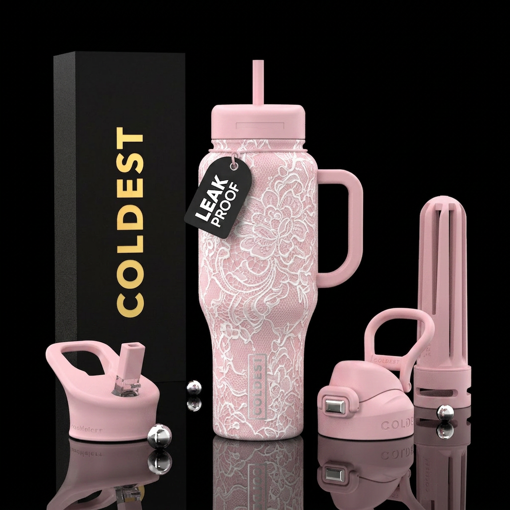 White lace on pale pink bottle water bottle design