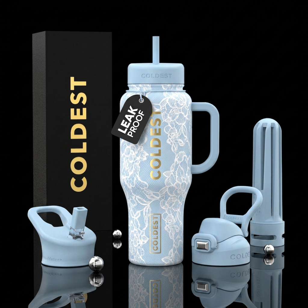 pretty lace on pale blue background water bottle design