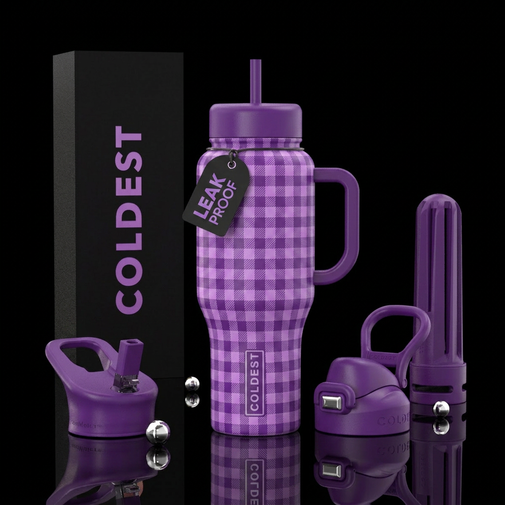purple gingham water bottle design