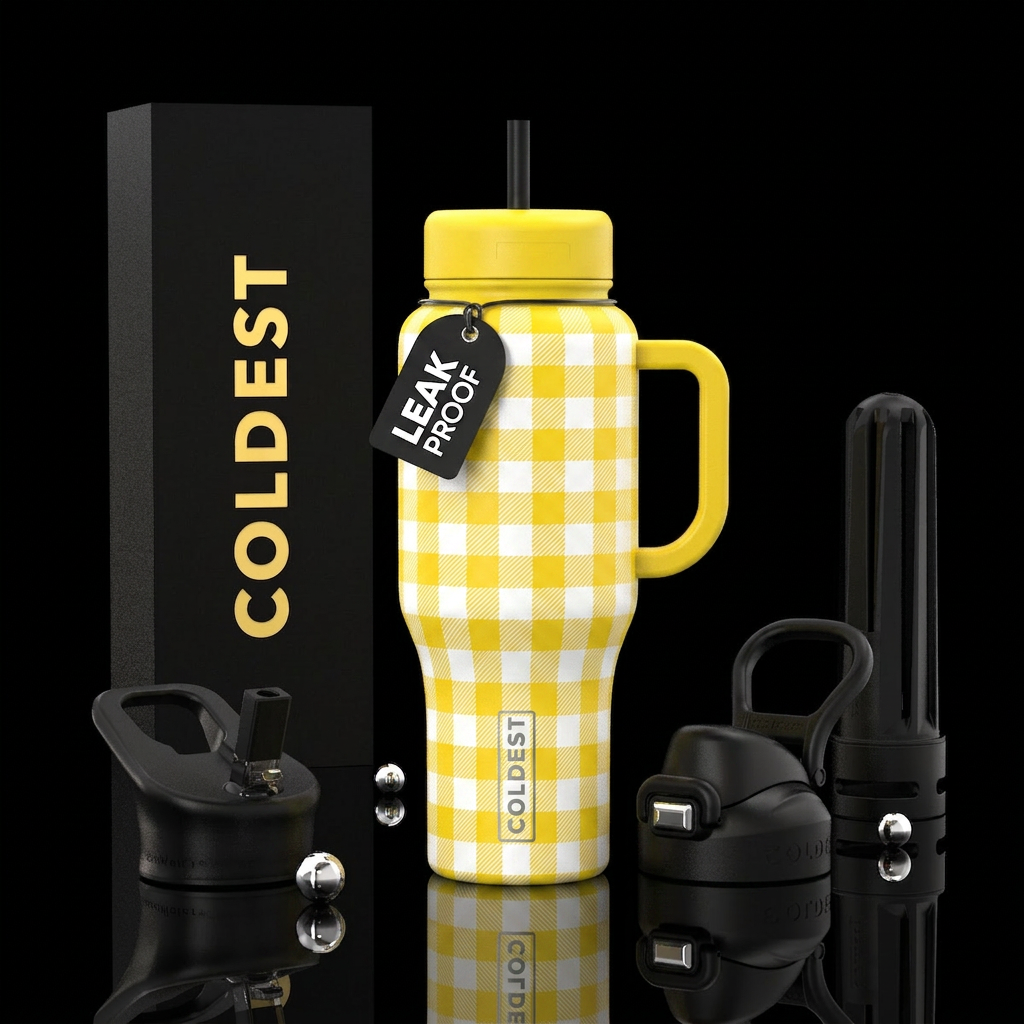 yellow gingham water bottle design