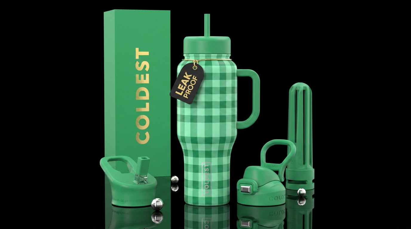 green gingham water bottle design