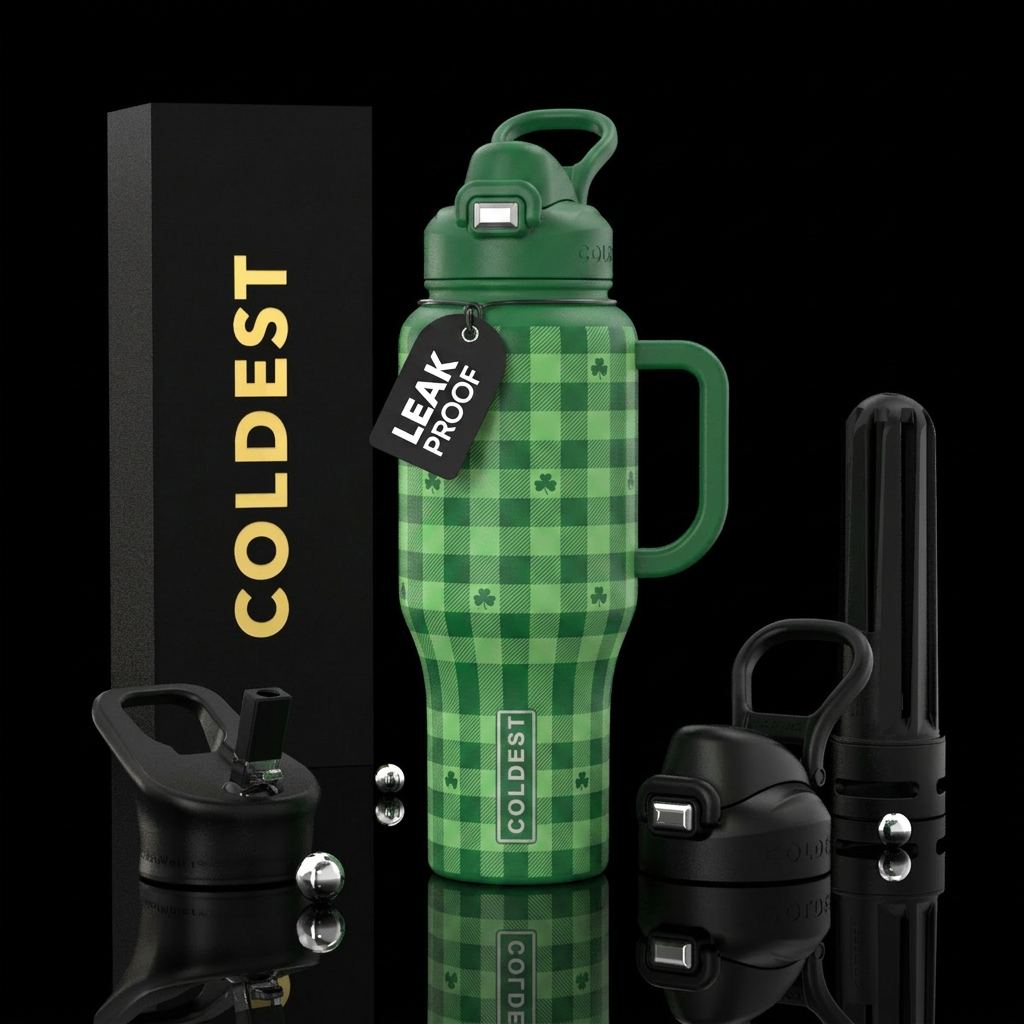 green gingham with shamrocks water bottle design