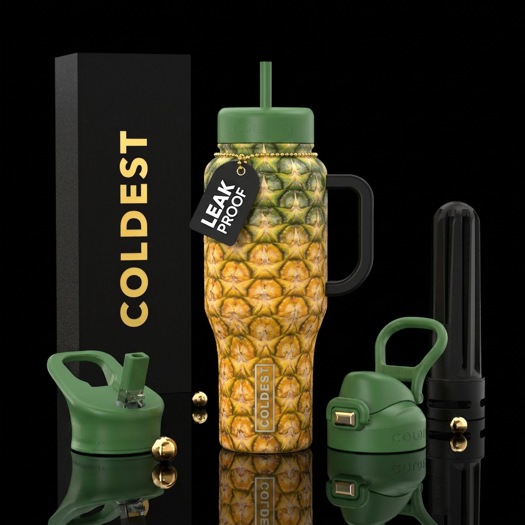 looks like a realistic pineapple water bottle design
