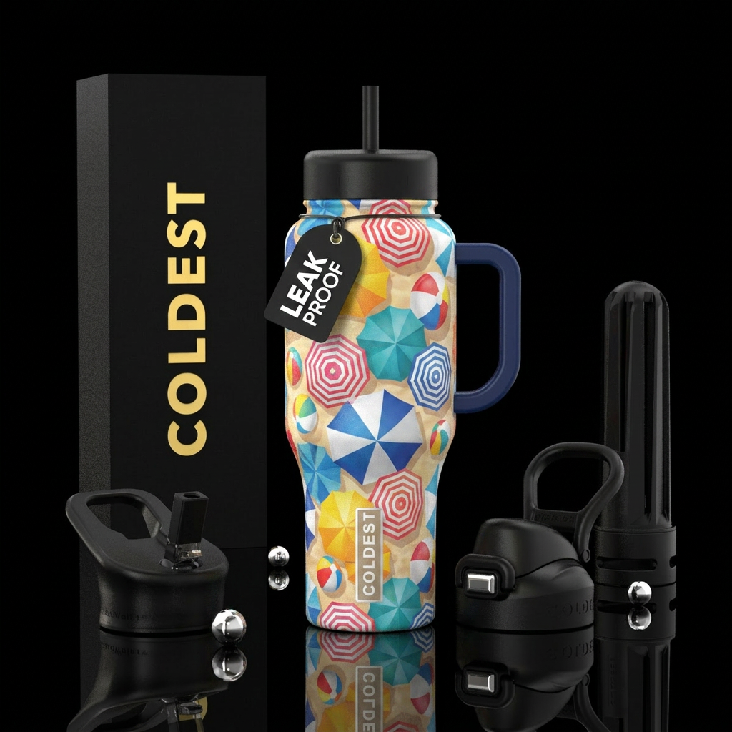 Beach umbrellas and beach balls water bottle design