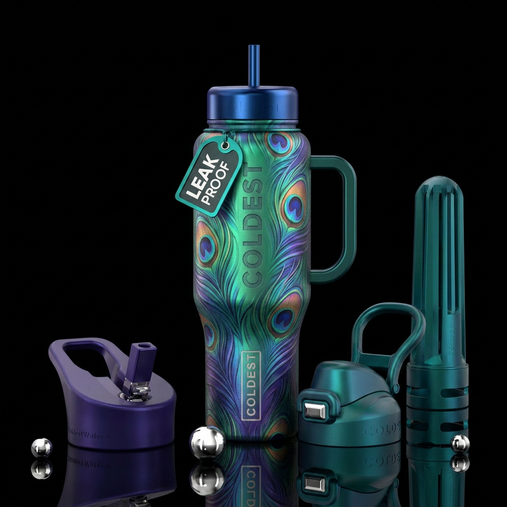 peacock colors water bottle design