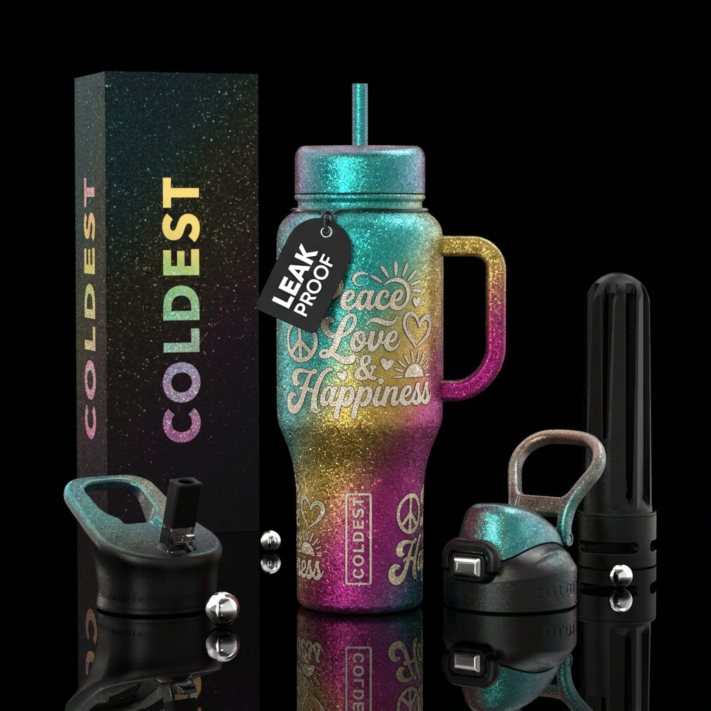 Peace Love & Happiness, words and symbols, sparkly water bottle design