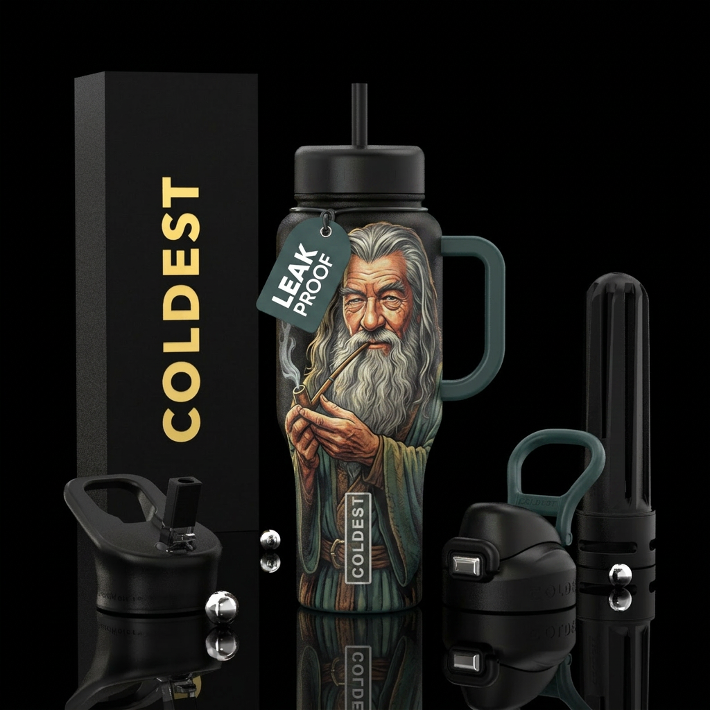 An old wise wizzard man smoking his peacepipe, rus... water bottle design