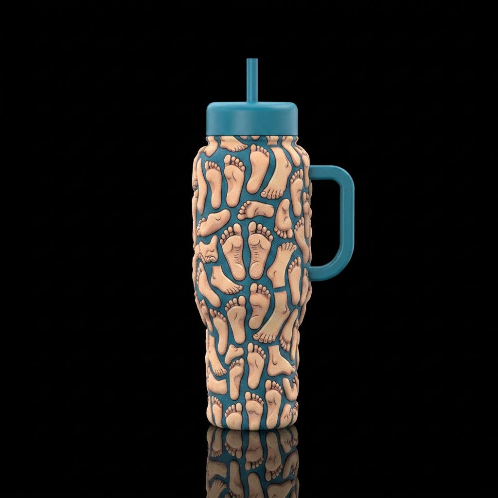 cartoonish, funny, feet all over water bottle design