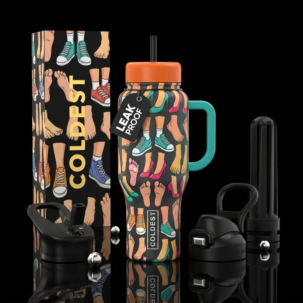 cartoonish, funny, feet all over water bottle design