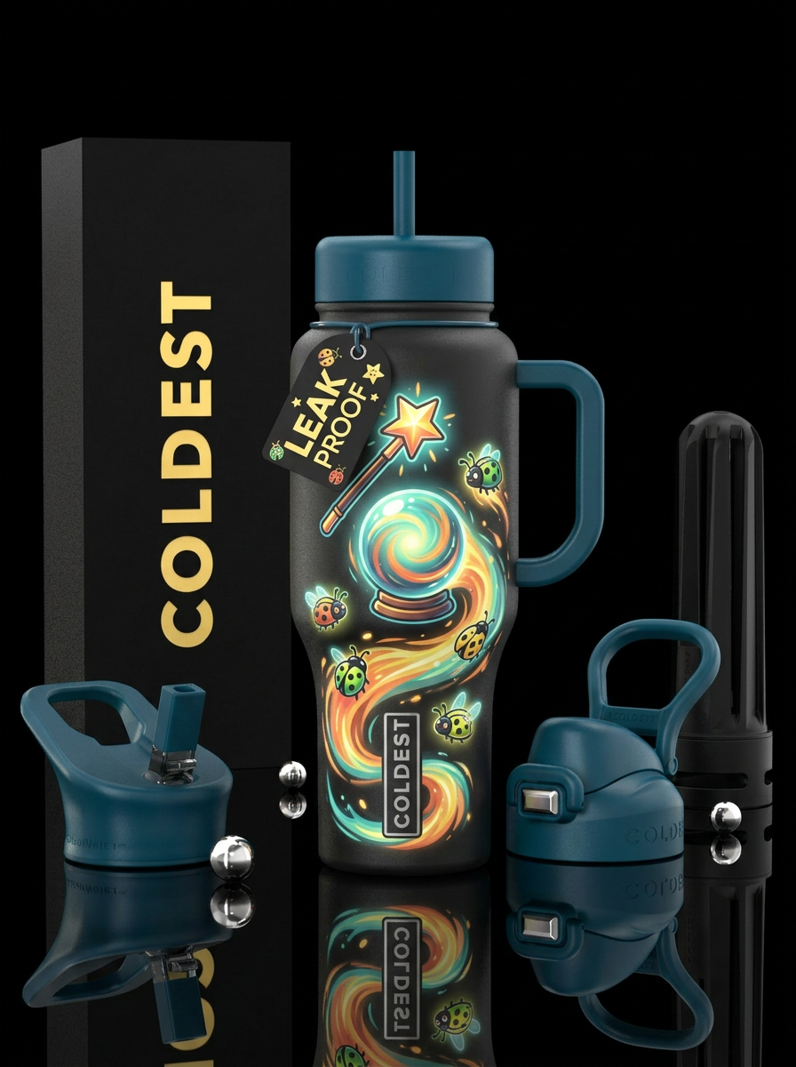 Magical glowie ladybugs water bottle design
