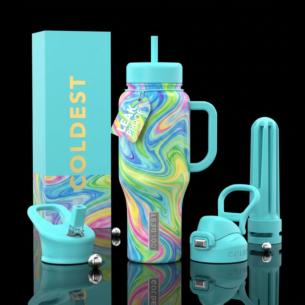 marble, swirls, cartoonish water bottle design