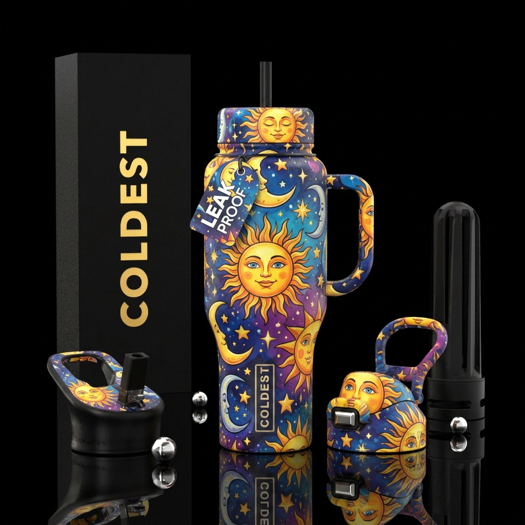 sun, moon, stars water bottle design