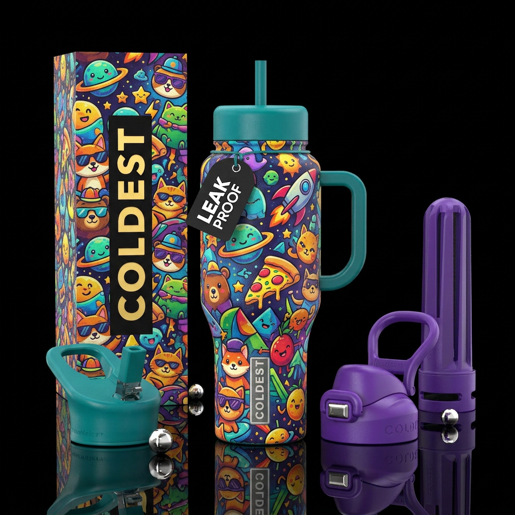 cartoonish, random, funny, attractive, textured water bottle design