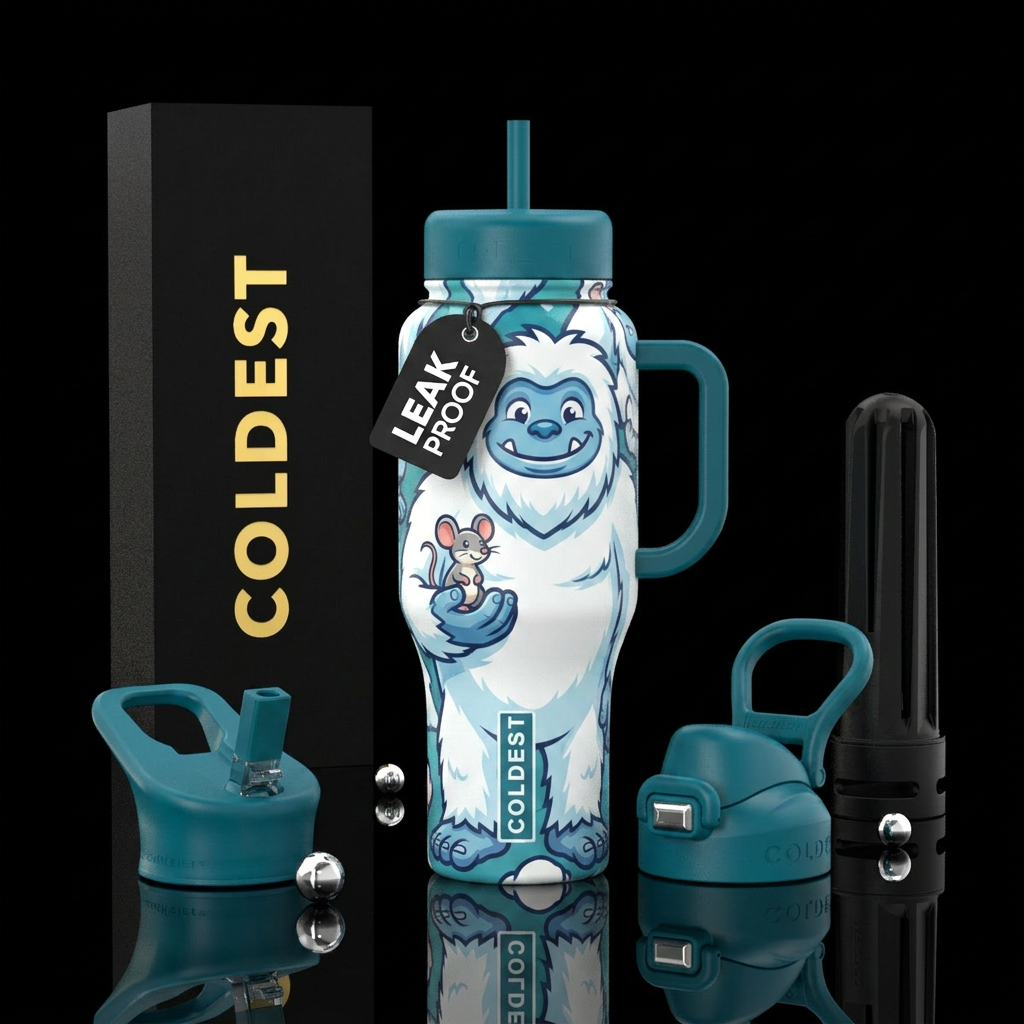 Abominable snowman and mouse water bottle design