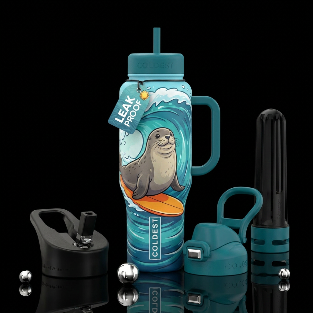 Surfing seal water bottle design
