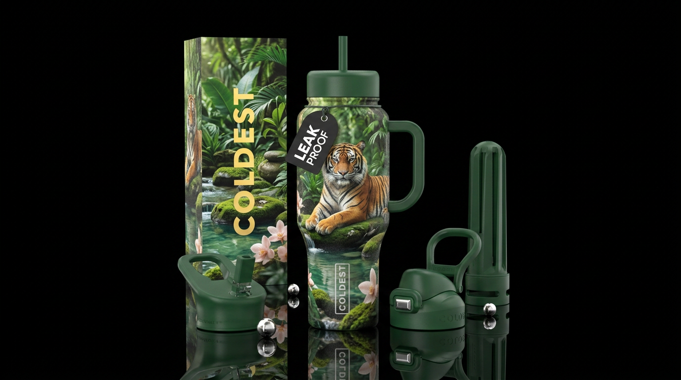 A tiger in a green spa water bottle design
