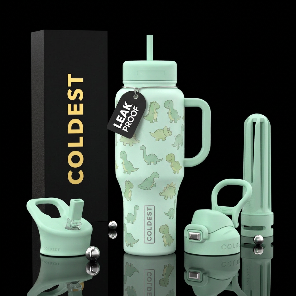 Cartoon dinosaurs in pastel green color water bottle design