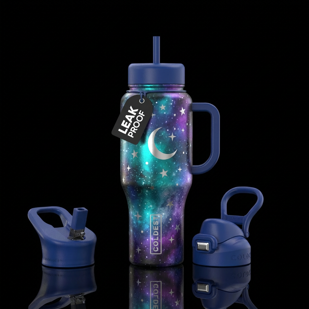 A rainbow alloy base bottle, with galaxies made of... water bottle design