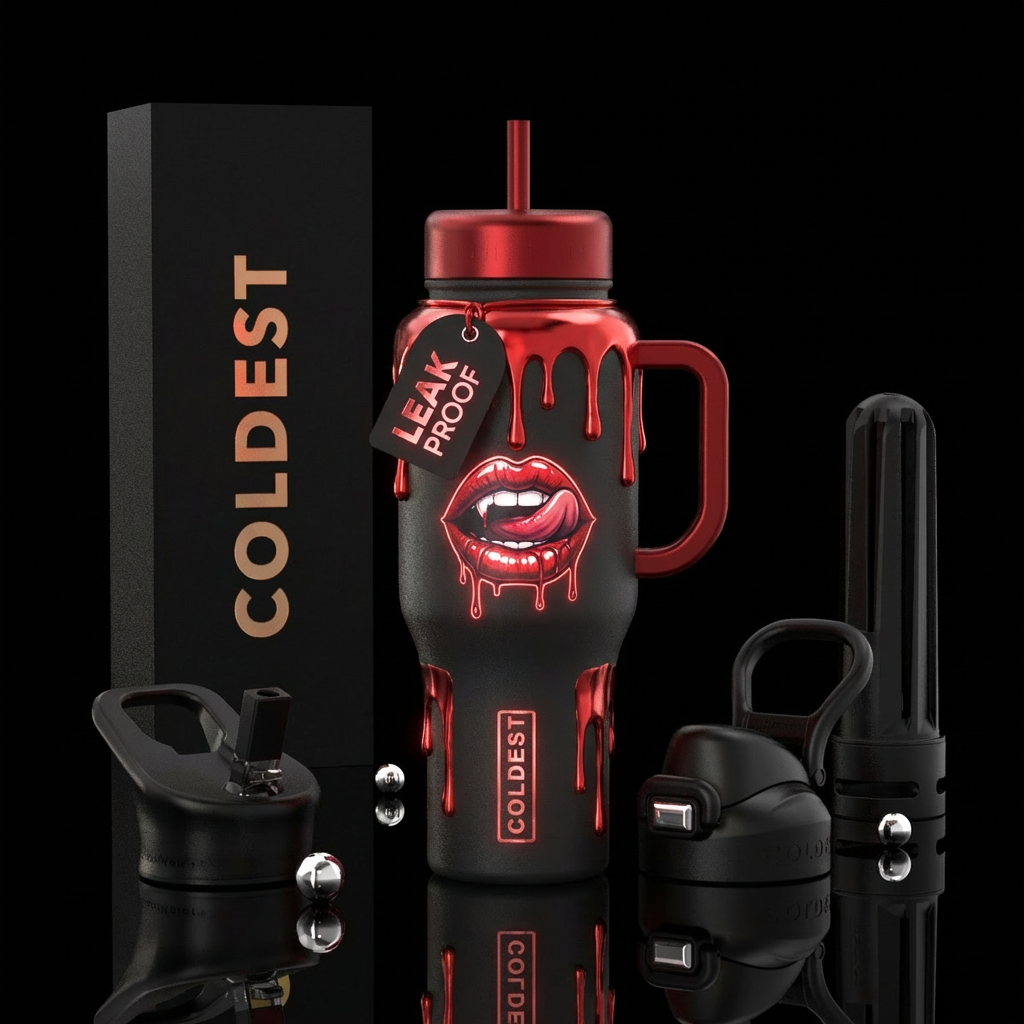 A vampires mouth with voluptuous lips dripping wit... water bottle design