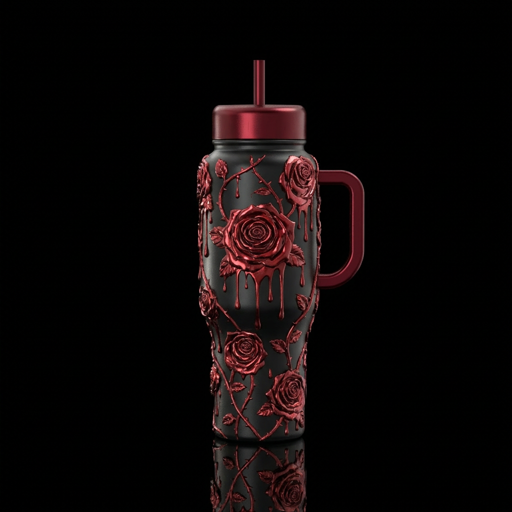 roses and thorns dripping with metallic blood red ... water bottle design