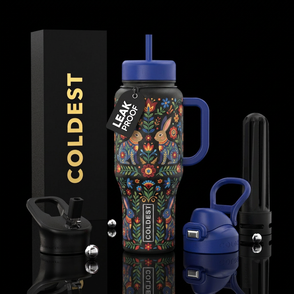folk art, rabbit water bottle design