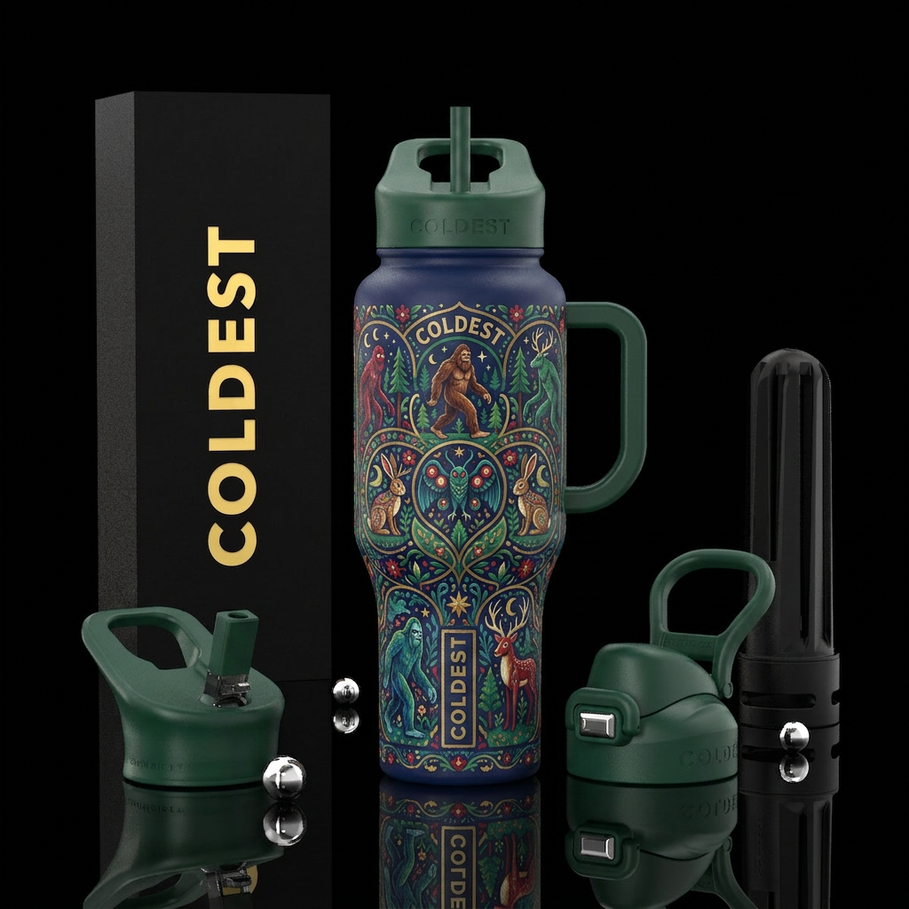 Folk art, cryptid water bottle design