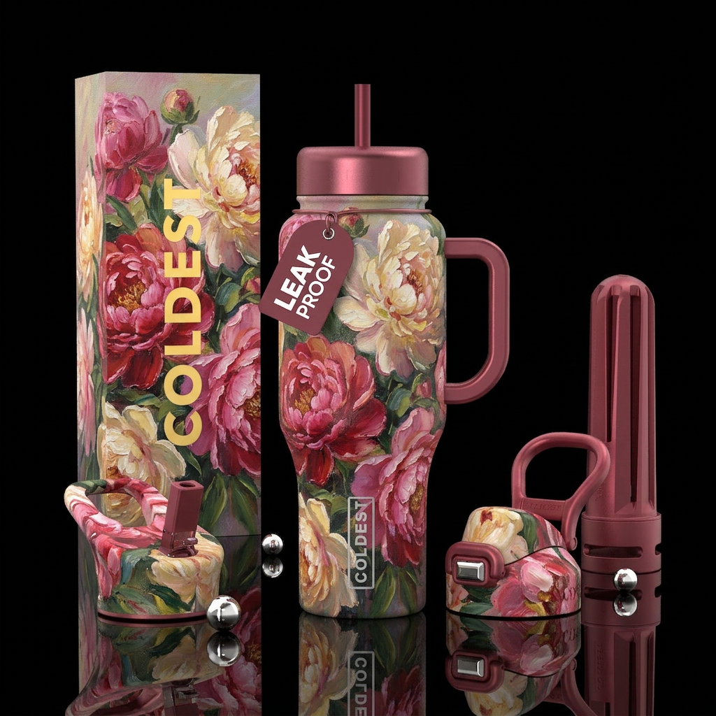 Peonies , oil painted water bottle design