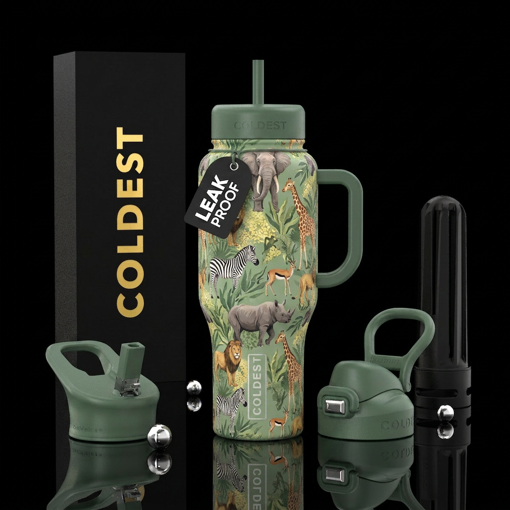 A sage green with Safari animals water bottle design