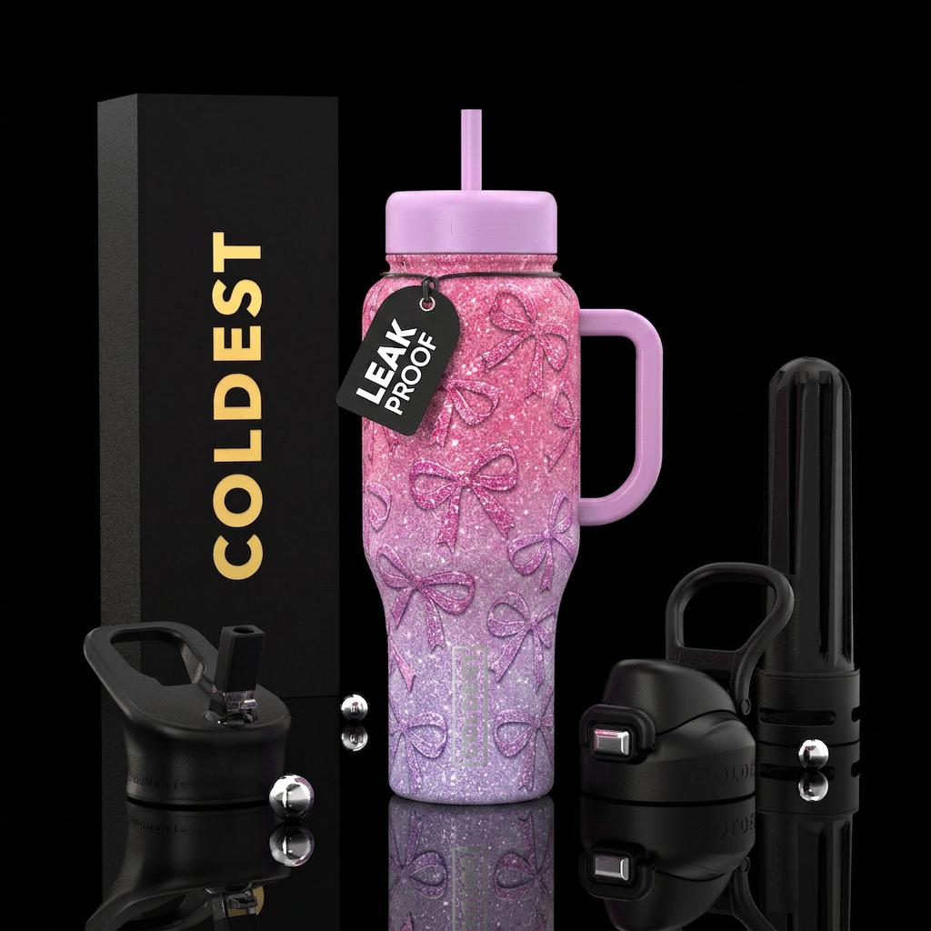 Bows with glitter pink faded to lavender water bottle design