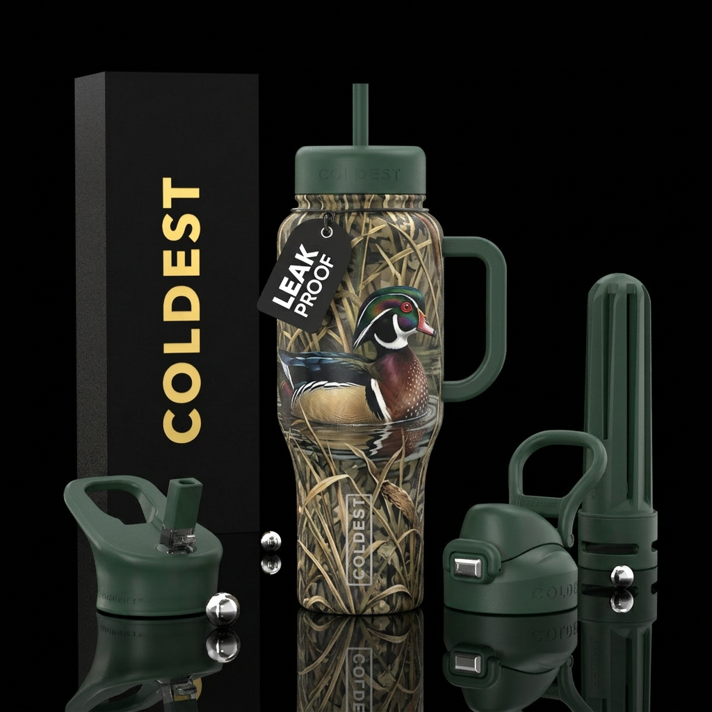 Duck camo with wood duck water bottle design