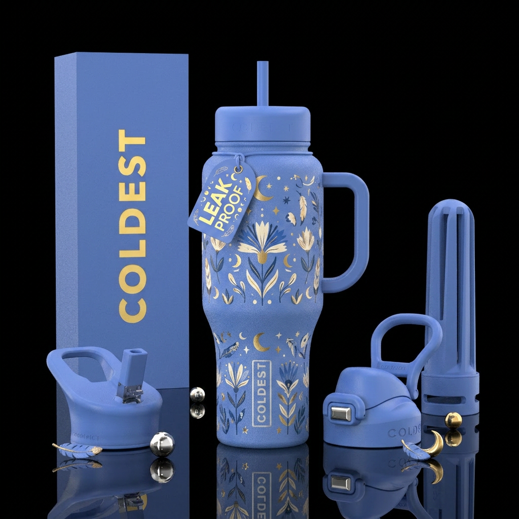 whimsical boho in cornflower blue water bottle design